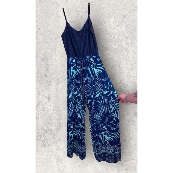 As U Wish Pants - As You Wish Jumpsuit Womens Medium Blue Green Wide Leg Eyelet Top Sleeveless‎